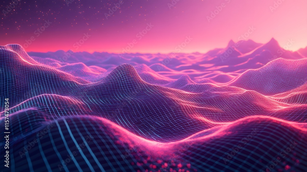 Poster exploring futuristic waves digital landscape 3d visualization cyber environment aerial view abstract