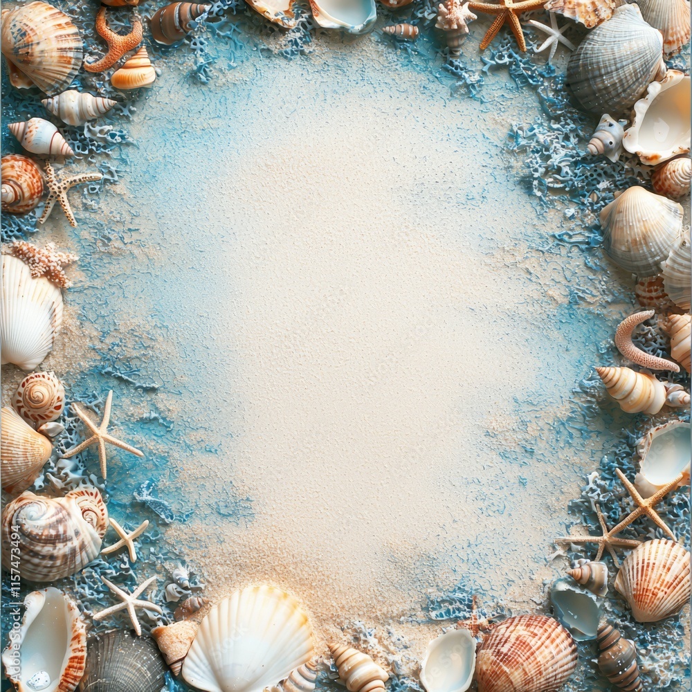 Aufkleber seashell border: a vibrant border of seashells and starfish on a sandy beach background, creating a 