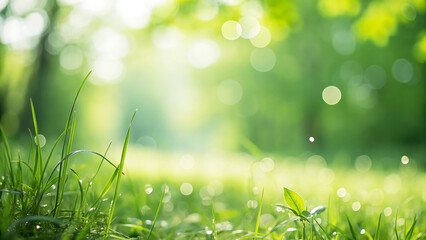 Green Nature Bokeh Background with Fresh Grass and Blurred Light