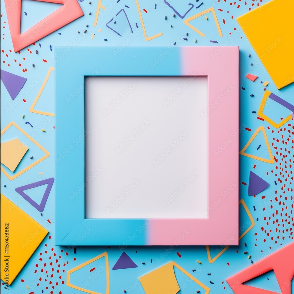 Poster 90s retro frame: a vibrant and nostalgic frame with a blank canvas set against a backdrop of colorfu