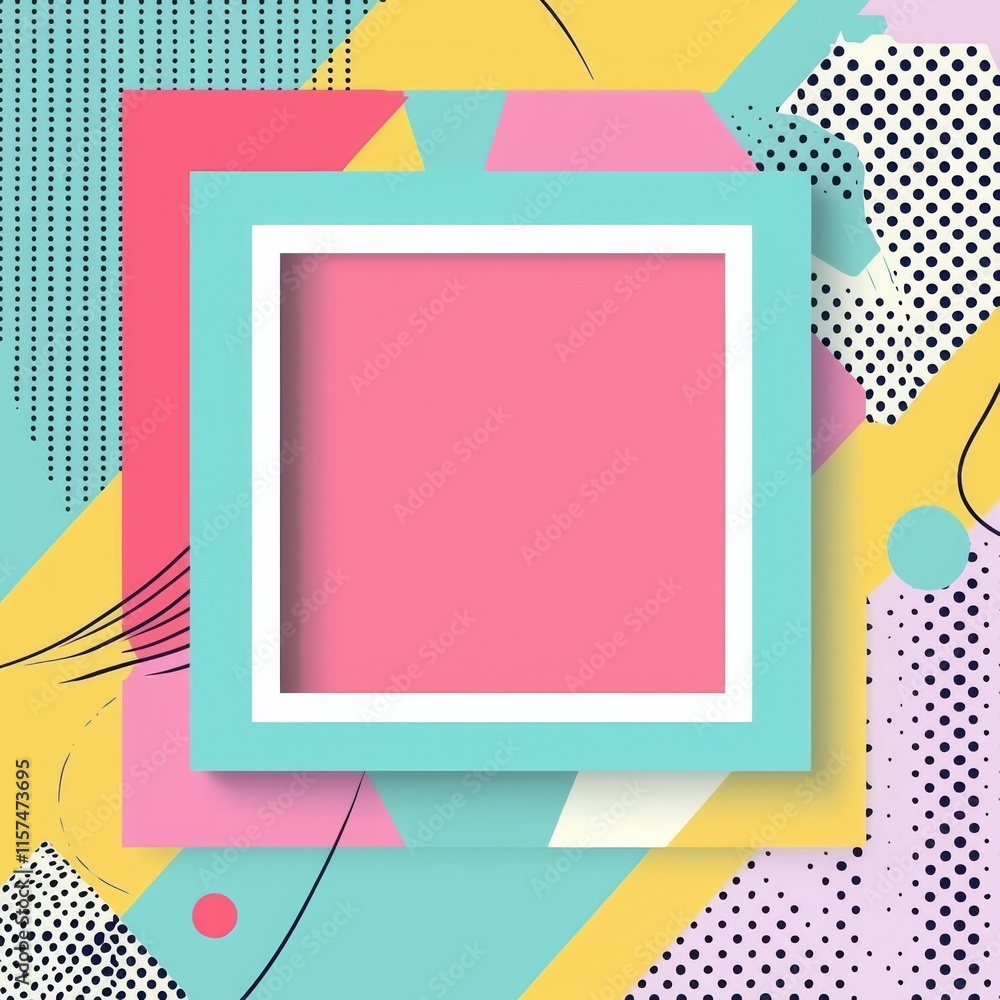 Poster retro pop art frame: a vibrant, geometric background in a retro pop art style features a white squar