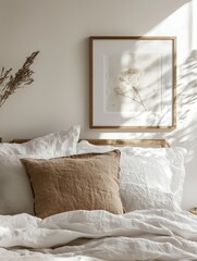 Sunlit Sanctuary: Linen bedding, a framed botanical print, and dried flowers create a serene and minimalist bedroom scene, bathed in the warm glow of natural sunlight.