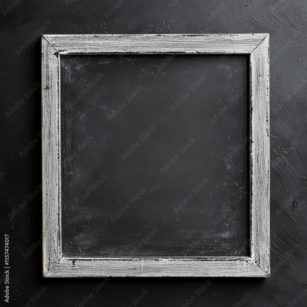 Poster rustic blackboard mockup: blank vintage chalkboard in a weathered gray frame against a dark backgrou