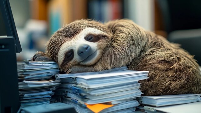 un oso perezoso muy cansado duerme sobre muchos archivos en la oficina	
