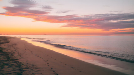 Fototapeta premium A photo of a serene beach at sunset. The sky is painted with warm oranges, reds, and purples.