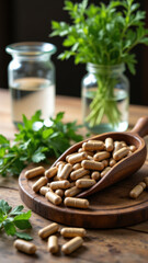 Fototapeta premium Magnesium supplements in a wooden tray with jars of herbs on a rustic table.