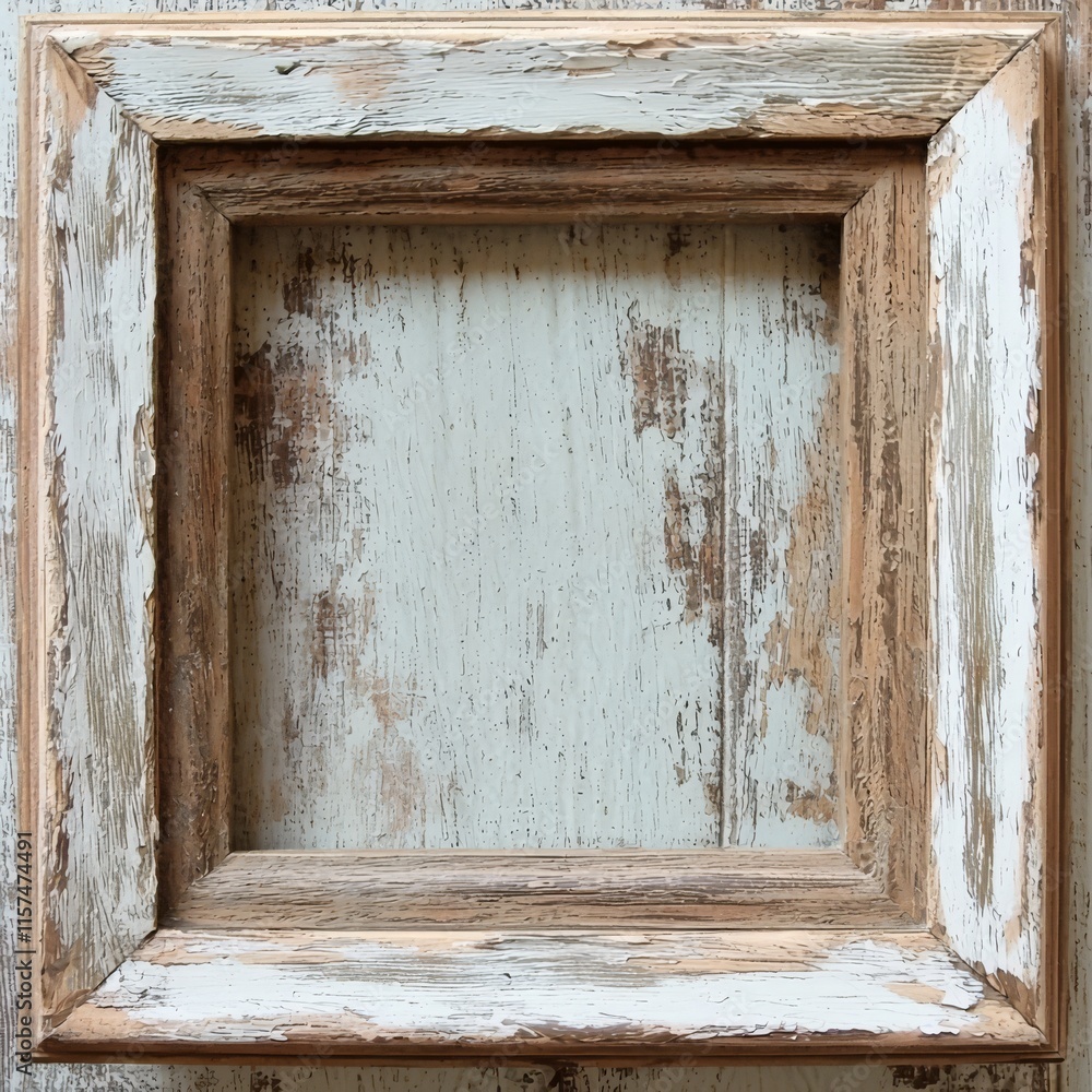 Aufkleber rustic wooden frame: a weathered wooden frame with a distressed finish, showcasing an empty square f