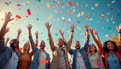 Diverse business team celebrates success outdoors. Happy employees raise hands in air. Confetti falls around. Successful business achievement. Celebration atmosphere. Pro colleagues enjoy success,
