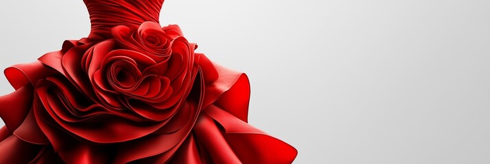 Close up of a red gown showcasing detailed rose like folds on a neutral background
