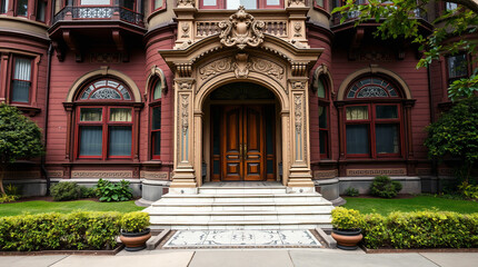 Brick Mansion Entrance with Ornate Doorway and Landscaping