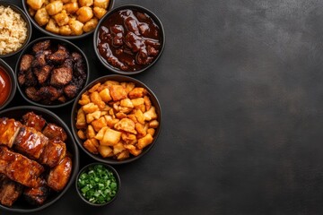 Obraz premium hawaiian food display, hawaiian cuisine spread featuring kalua pork and sides on wooden table with room for text