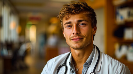 A portrait of a handsome young doctor, representing confidence, professionalism, and a modern approach to healthcare.