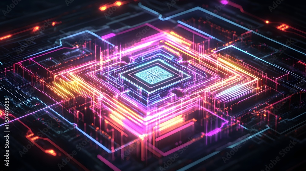 Poster dynamic tech circuit interaction digital realm abstract graphic neon colors close-up view futuristic