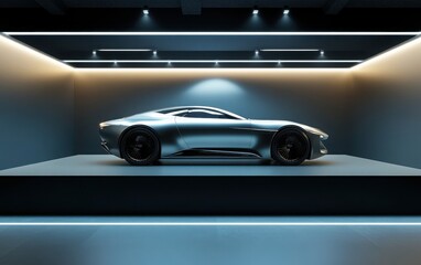 Obraz premium A cutting-edge futuristic concept car displayed on a sleek, elevated podium in a modern exhibition space. 