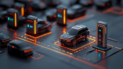 Futuristic hub docking autonomous electric vehicles showcase