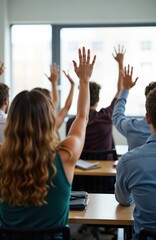 Young people in classroom setting raise hands during presentation seminar. Group engaged in interaction, discussion. Business meeting educational training environment. Activity suggests