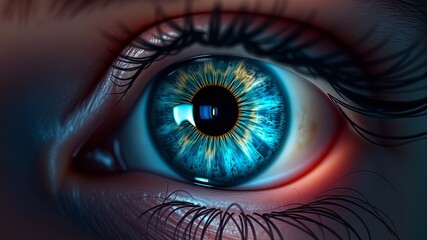Fototapeta premium Close-up Blue Eye, AI Art, Stunning, Depth, Mood, Lighting, Atmosphere, Professional Quality