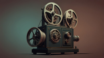 Fototapeta premium A flat illustration of an old-school film projector with a film roll threading through it, creating a continuous loop of frames