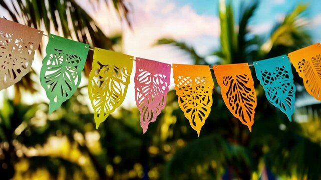 Vibrant papel picado banners fluttering in the breeze for hispanic heritage month celebrations