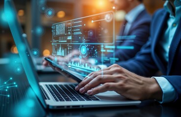 Business people use digital tablet, laptop to analyze information on futuristic virtual interface screen. Team works on project involving data analysis, futuristic tech. Study market trends, data to