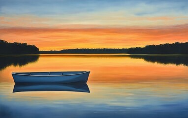 A serene lakeside scene at sunrise, with calm waters perfectly reflecting the vibrant hues of the sky. 