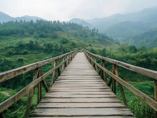 Fototapeta premium Timber bridge with roughhewn planks, crossing a narrow ravine in a remote mountainous rural region