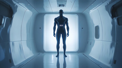 Futuristic male figure standing in a sterile, white, spaceship corridor.  A digital display is on his torso.