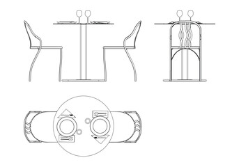 Round table and chair vector set. Restaurant chair and table. Outline illustration for coloring book, interior projects, designers.