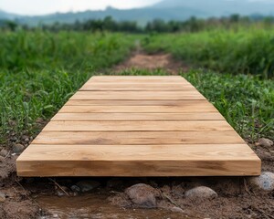 Fototapeta premium Modern ecofriendly bridge made from reclaimed wood, spanning a wide stream in a rural farming community