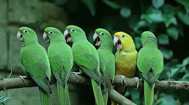 A group of colorful parrots perched on a branch, vocalizing.