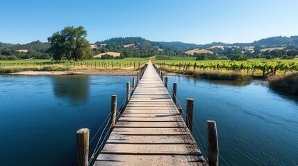 Traditional wooden bridge crossing a slow river, with a backdrop of rural vineyards and hills