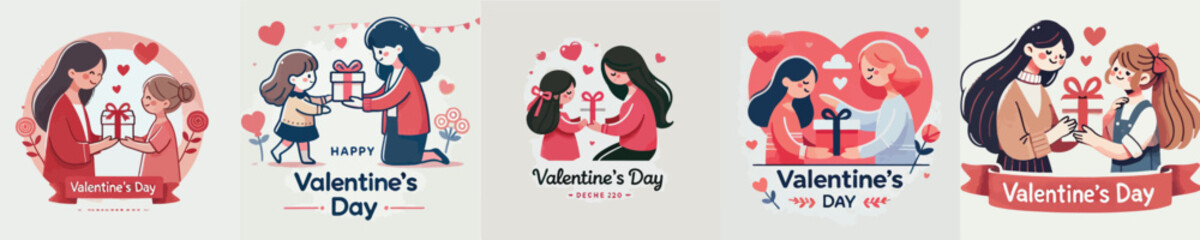 Vector character of a child giving a Valentine's Day gift to his mother