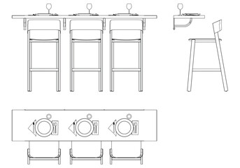 Illustrated Outline of Dining Chairs and Table Set in a Restaurant with white background. Vector Illustration with Front, Side, and Top Views
