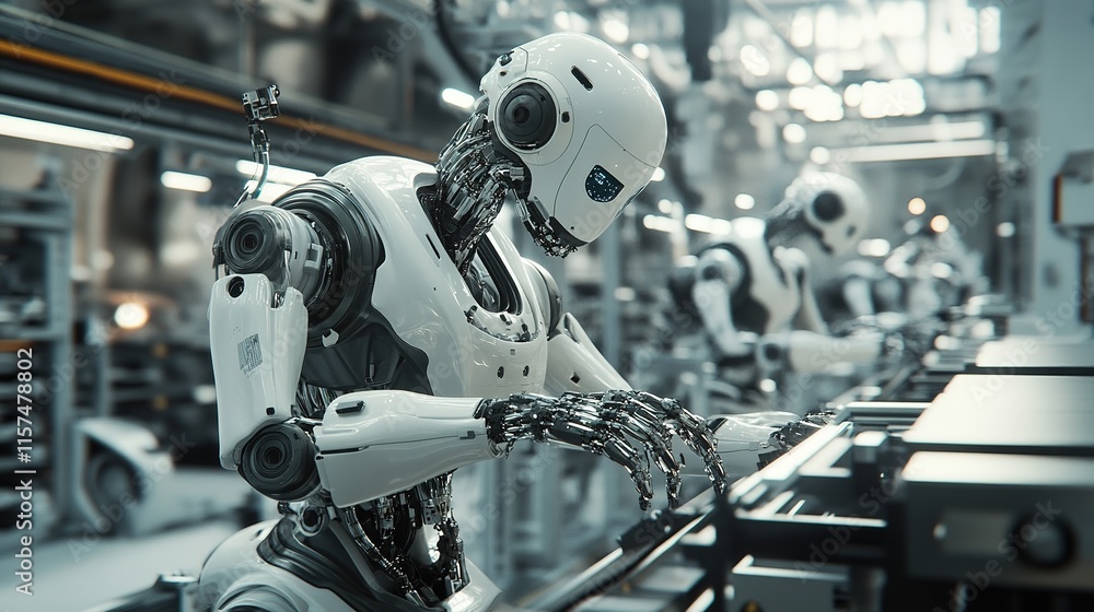 Poster advanced robotics revolutionizing the future of manufacturing in a futuristic factory.