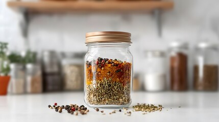 Spice jar arrangement kitchen food photography modern environment close-up view culinary concept