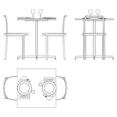 Illustrated Outline of Dining Chairs and Table Set in a Restaurant with white background. Vector Illustration with Front, Side, and Top Views