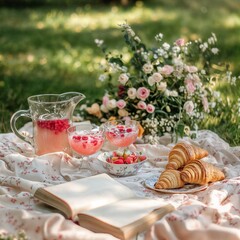 Elegant outdoor picnic with stylish tableware and delicious pastries