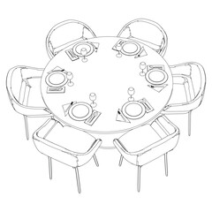 Restaurant furniture, Trendy dinner table and chairs set hand drawn outline doodle icon. Flat design. Vector sketch illustration for print, mobile graphic and infographics isolated on white background