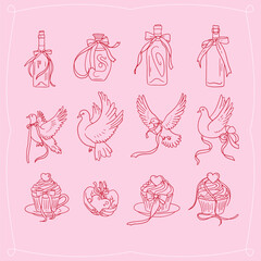 Valentine s Day cute linear clipart collection. Pink girly coquette y2k aesthetic set, coquette vintage wine bottles, doves and cup cakes. Lovely cute linear doodle Vector illustration