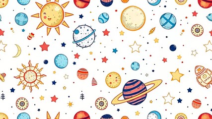 Cute Space Pattern - Sun Moon Planets Stars - Print Fabric Wallpaper