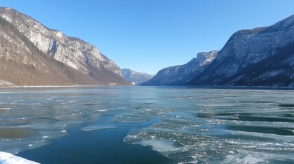 Serene Frozen Lake Surrounded by Majestic Mountains on a Clear Day