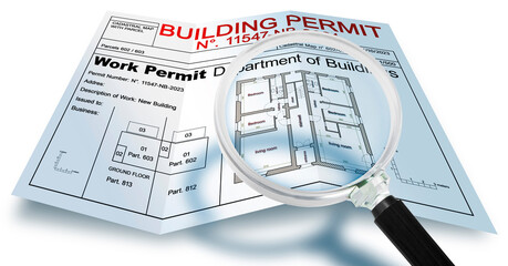 BUILDING PERMIT CONCEPT WITH MAGNIFYING GLASS - Building activity and construction industry concept