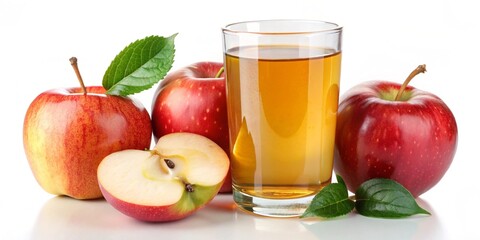 Apple juice in a glass surrounded by red apples. Isolate on a white background.