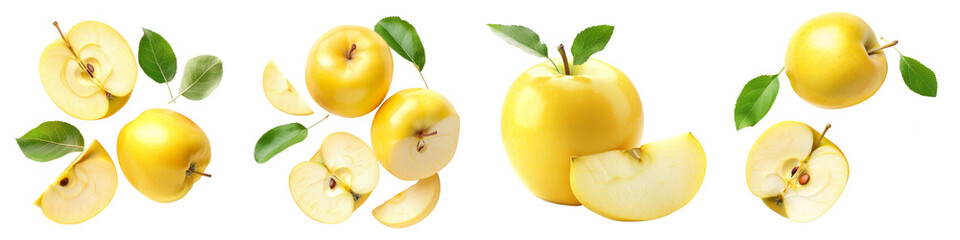 Collection of Yellow apples isolated on white or transparent background