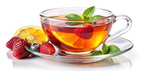 Close up Cup of tea with lemon and leaves isolated on white background.