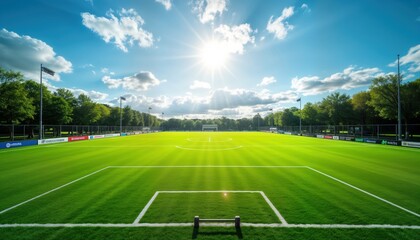 Empty soccer field on sunny day. Green artificial turf. Clear blue sky with bright sunlight. Tranquil scene with no people. Perfect for sport photoshoots background for images. Ideal for advertising