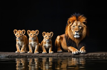 Lion family rests by water. Majestic lion, three cubs sit by calm lake. Powerful lion stands guard over young. Wild animals relax. African wildlife portrait. Nature scene. Safari adventure. Big cats.