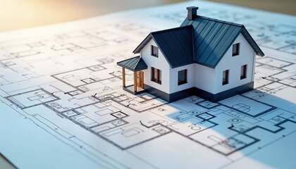 3D model of house sits on blueprints. Architectural plan shows house layout. Design of rooms, structure visible. Construction project. Concept for new home. Estate development. Real estate. Housing