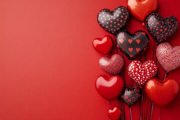 Obraz premium Heart shaped balloons with different patterns floating on red background create festive atmosphere for Valentine's Day, with empty space for text