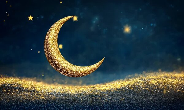 A gold and silver crescent moon is surrounded by a cloud of glitter. The image has a dreamy, ethereal quality to it, as if the moon is floating in the sky. The glitter adds a sense of magic